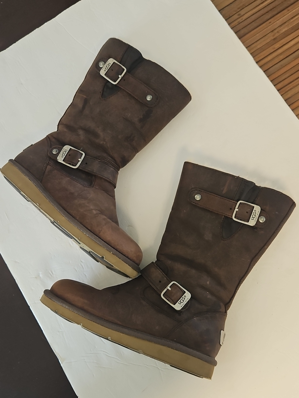 UGG Brown Leather Mid-Calf Buckle Boots
